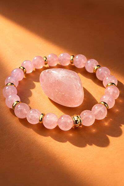 NBS Beautiful Naturel Stones Pink Quartz Natural Stone Bracelet with Gold Color Detail, High Quality, 8 mm