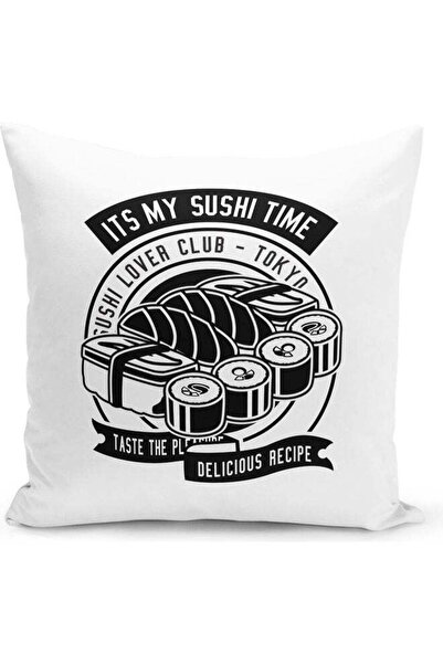 Generic Its My Sushi Time Quote Printed Decorative Pillow White/Black