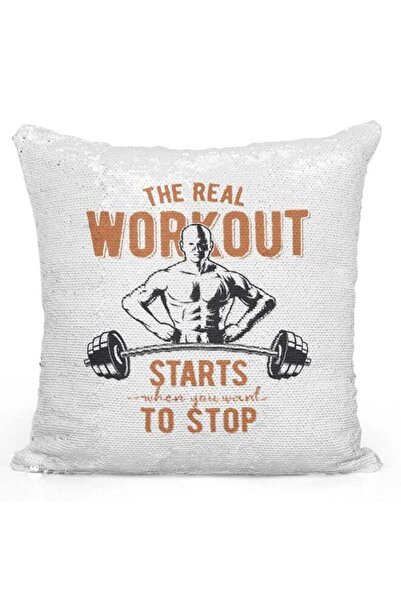 Generic Decorative Throw Pillow - Real Workout Barbell Quote White/Beige/Blac...