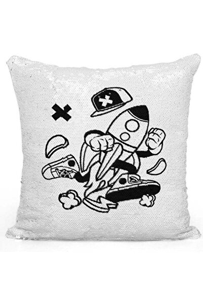 Generic Cute Flying Rocket Printed Sequin Decorative Throw Pillow White/Black...