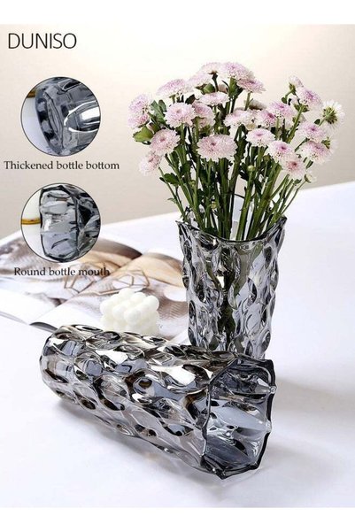 Generic Glass Flower Vase, Modern Minimalist Nordic Style, Grey Textured Crys...