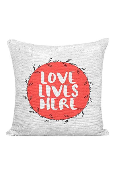 Generic Love Lives Here Sequined Pillow Silver/White/Red 16x16inch