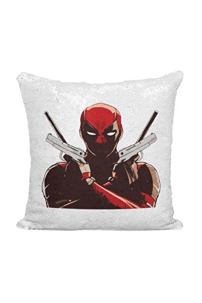 Generic Dead Pool Themed Sequined Throw Pillow Silver/White/Brown 16x16inch
