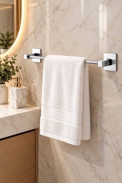 UG Home Chrome Square Adhesive Long Towel Holder Chrome Open Adhesive Toilet Paper Holder 2-Piece Bathroom Accessory Set