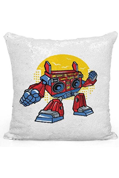 Generic Transformer Printed Sequin Decorative Throw Pillow White/Red/Silver 4...