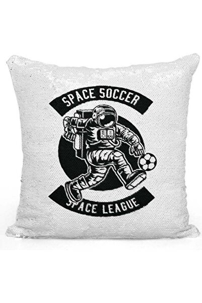Generic Space Soccer Printed Sequin Decorative Throw Pillow White/Black/Silve...