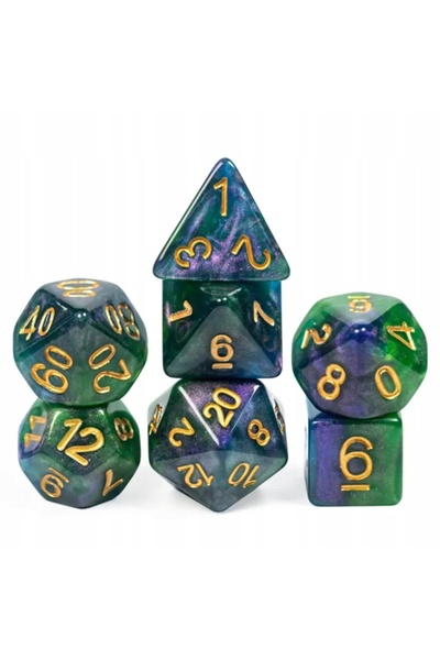 NO BRAND Set de 7 zaruri cu imprimeu verde, violet, auriu D4-20 K20 RPG D&D M...