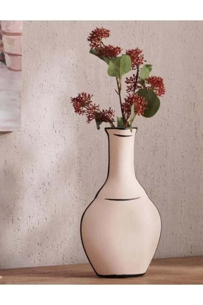 Generic AKDC Flared Neck Clay Flower Vase 15cm*4.5cm*26cm, Beige and Black