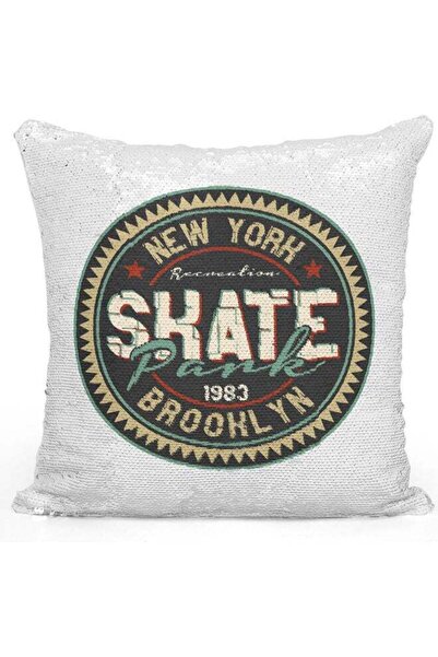 Generic Skate Park Themed Sequin Decorative Throw Pillow White/Green/Silver