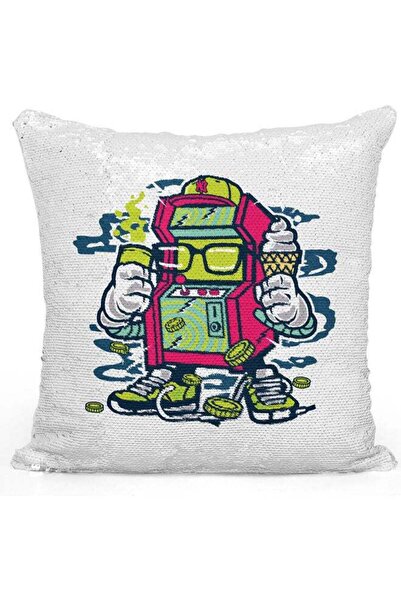Generic Games Themed Sequin Decorative Throw Pillow White/Green/Silver 40x40cm