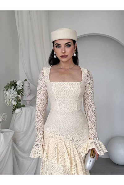 conconmoda Kadın Dantel Kare Yaka İspanyol Kol Volanlı Asimetrik Kesim Abiye Elbise-01061