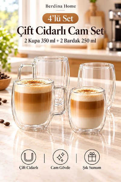 Berdina Home 4’lü Çift Cidarlı Cam Kupa & Bardak Seti Kahve Çay Latte Cappuccino Sunum Seti 2x350 ml ve 2x250 ml