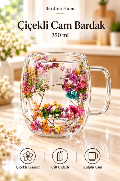 Berdina Home 4’lü Çiçekli Cam Sunum Seti Kulplu Bardak ve Bambu Kapaklı Kaşıklı Kase Kahve Seti 350 ml ve 200 ml
