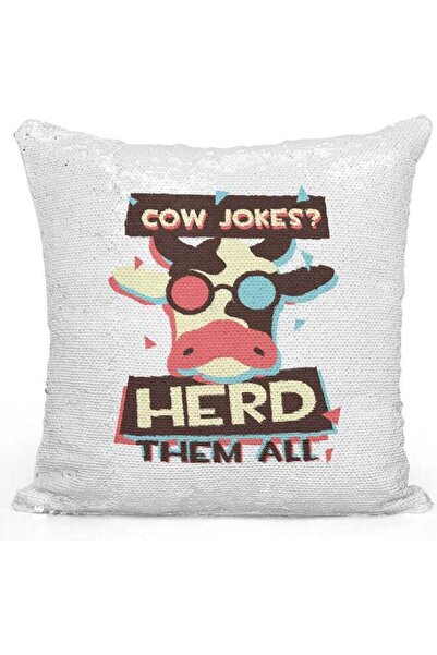Generic Cow Jokes Themed Sequin Decorative Throw Pillow White/Pink/Silver 40x...
