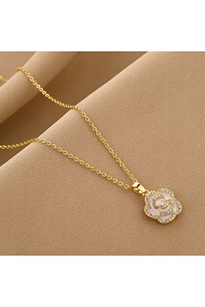 NO BRAND Colier elegant pentru femei, cu floare de trandafir alb, culoare aur...
