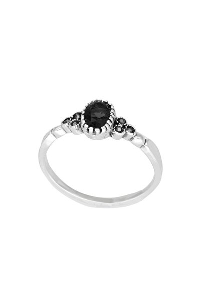 NO BRAND Inel oval cu zirconiu negru și marcasiți, argint oxidat, măr. 18