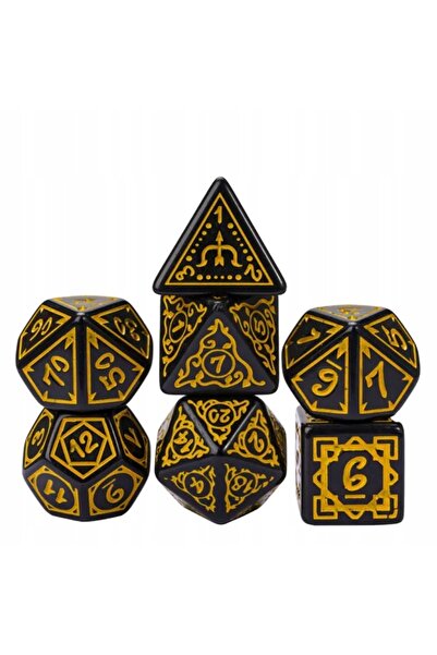 NO BRAND Set de 7 zaruri galbene decorate, negre, D4-20 K20 RPG D&D MTG Baldu...