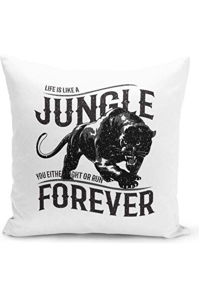 Generic Jungle Forever Quote Themed Decorative Throw Pillow White/Black 40x40cm