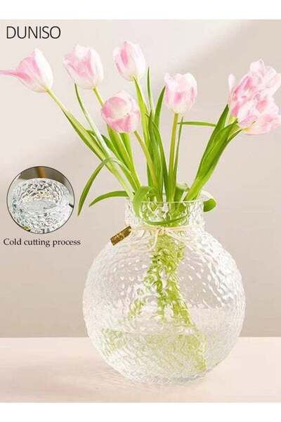 Generic Round Glass Vases Textured Hammered Clear Glass Flower Vase with Gold...
