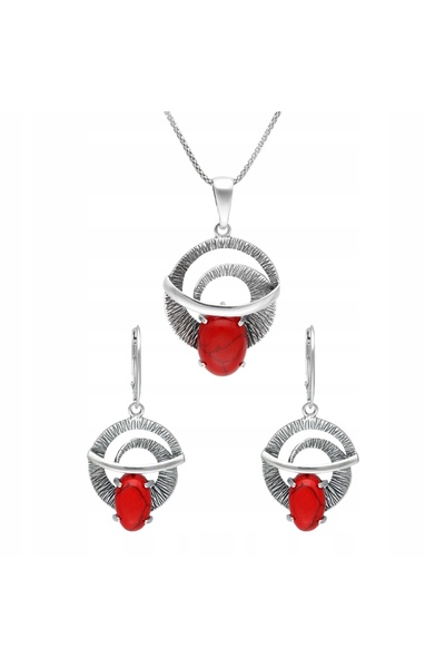 NO BRAND Set de argint cu coral |   Pandantiv și cercei, bijuterii elegante d...