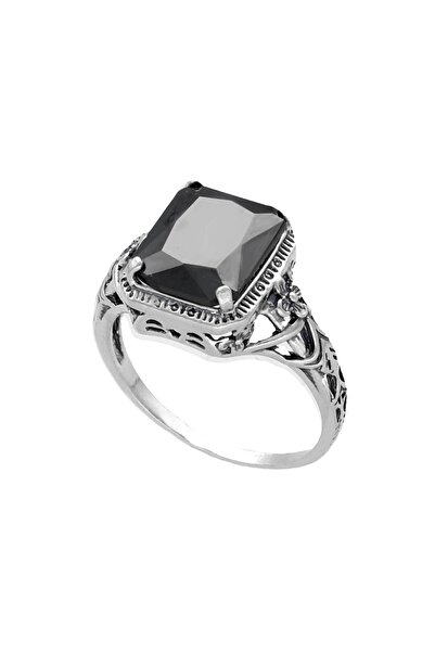 NO BRAND Inel dreptunghiular cu zirconiu negru și argint oxidat, dimensiunea 15.