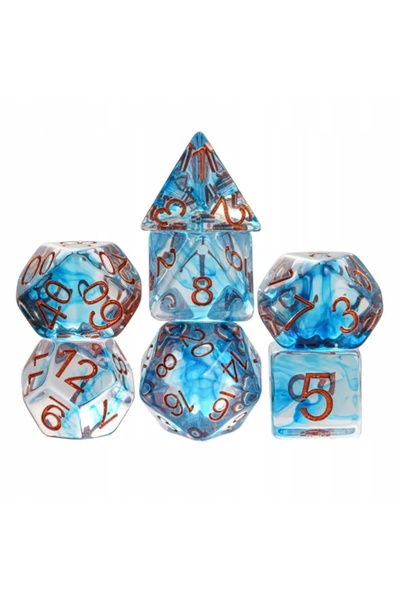 NO BRAND Set de 7 zaruri transparente albastre cu imprimeu cupru D20 K20 RPG ...