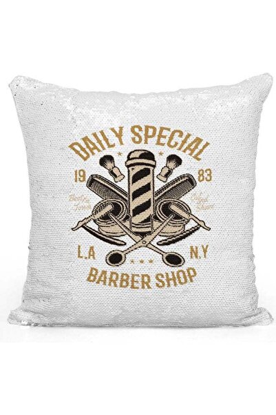 Generic Barber Shop Printed Sequin Decorative Throw Pillow White/Beige/Silver...