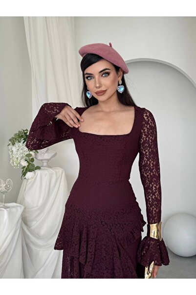 conconmoda Kadın Dantel Kare Yaka İspanyol Kol Volanlı Asimetrik Kesim Abiye Elbise-01061