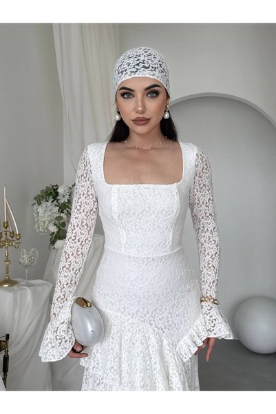 conconmoda Kadın Dantel Kare Yaka İspanyol Kol Volanlı Asimetrik Kesim Abiye Elbise-01061