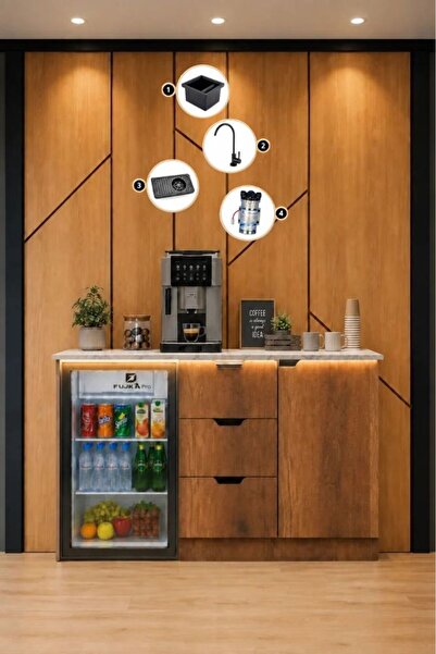 coffee world ركن قهوة بمساحة ثلاجة مع إضاءة مخفية بسطح أبيض مُرخَّم وملحقات