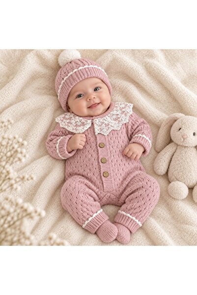 Pure Boutique Knitted baby girl's jumpsuit made of pink natural wool with lac...