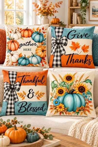 stellahomes Autumn Themed Decorative Throw Pillow Cover – Turquoise Pumpkin, Sunflower, and Plaid Bow Pattern Options 43X43 cm – (Double-Sided)