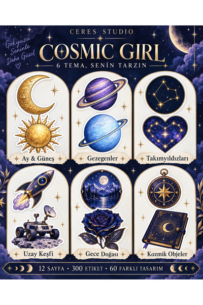 Ceres Studio Cosmic Girl Ay ve Uzay Temalı Sticker Seti - Defter, Ajanda ve Hediye Süsleme Etiketleri