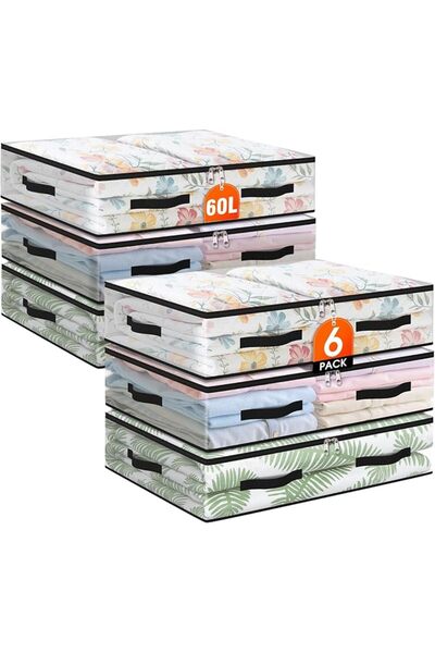 GENERAL 6 حقائب تخزين تحت السرير، حاويات شفافة قابلة للطي سعة 60 لتر مع مقابض