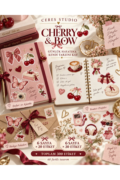 Ceres Studio Cherry & Bow Kiraz ve Fiyonk Temalı Sticker Seti - Defter, Ajanda ve Hediye Süsleme Etiketleri