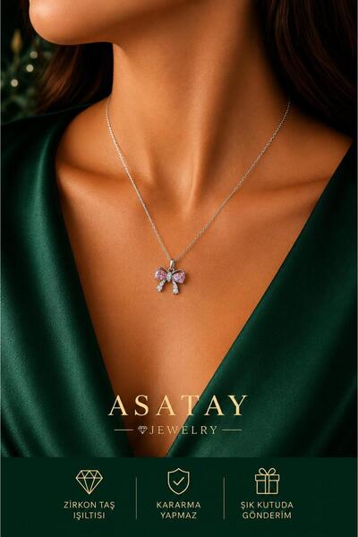 ASATAY 925 Ayar Zirkon Taşlı Lüx Fiyonk Desenlı Kadın Kolye Sertifikalı Premi...