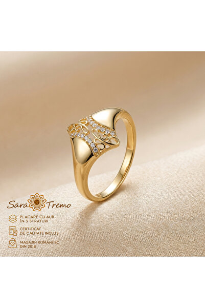 SaraTremo Inel Dantelă Aurie – model lat cu zirconiu, placat cu aur de 14K