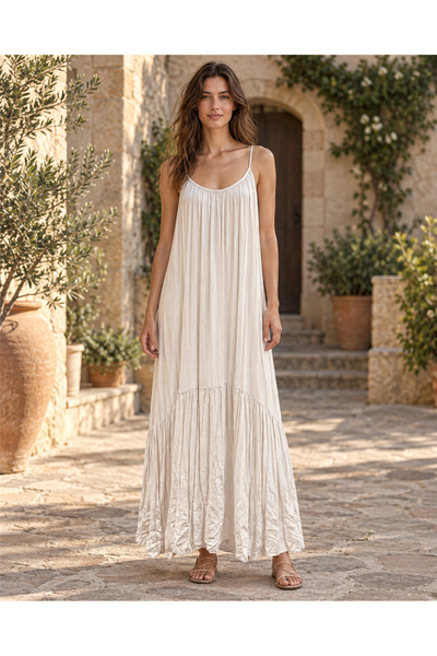Miss Boheme Ecru Color Thin Straps Casual Maxi Dress