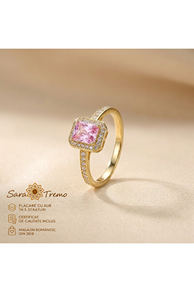 SaraTremo Square Pink Sapphire Ring – 14K gold plated, with zirconia