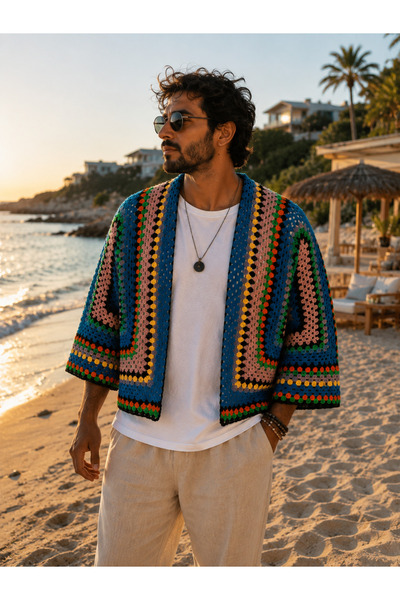 casa nexa Hand Knitted Colorful Granny Square Men's Cardigan – Bohemian Vinta...