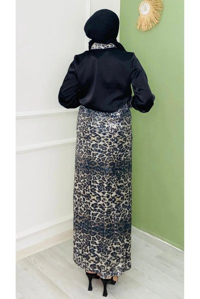 MODA ŞEHNAZ Leopard Patterned Sequin Embroidered Top and Bottom Set