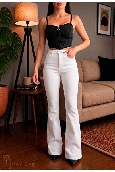 MAY JEAN Pantaloni de damă cu talie înaltă, stil spaniol, din denim, conforta...