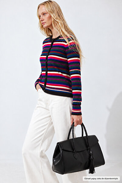 Layk Mayk Women's Colorful Slim Fit Buttoned Striped Knitwear Cardigan-00556167