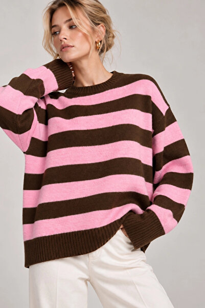Lusin Women's Brown Pink Thick Striped Crew Neck Loose Knit Sweater