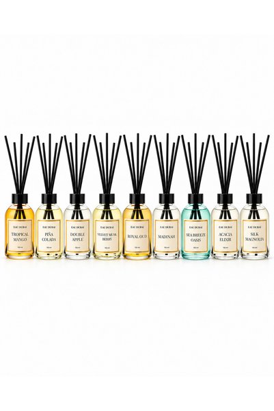 Eau Dubai Set 9 odorizante de cameră cu bețișoare, Tropical Mango + Pina Colada + Double Apple + Velvet Musk Berry + Royal Oud + Madinah + Sea Breeze Oasis + Acacia Elixir + Silk Magnolia, 990 ml