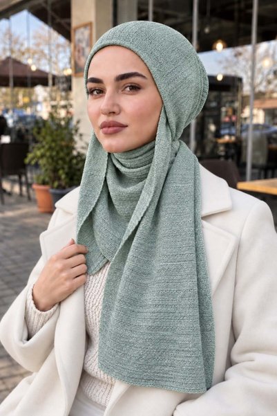 Aişe tesettür Soft Yeşil Ajurlu Triko Kelebek Bone Şal