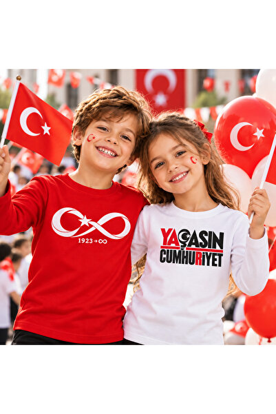 29 Ekim Cumhuriyet Bayramı Unisex Çocuk 2'li Uzun Kollu Tişört Seti Kırmızı Beyaz