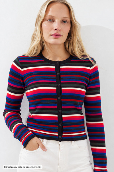 Layk Mayk Women's Colorful Slim Fit Buttoned Striped Knitwear Cardigan-00556167