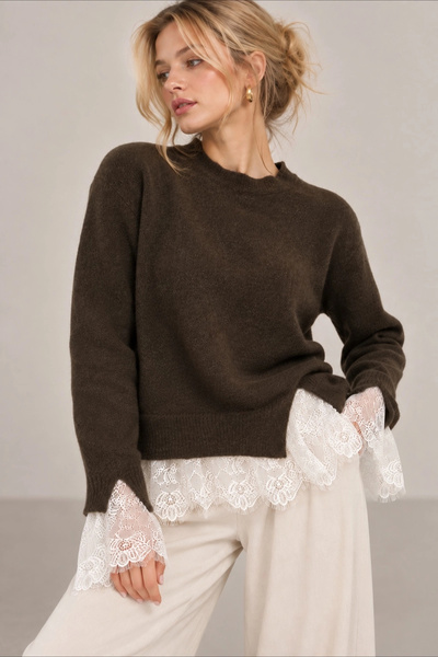 Lusin Women's Brown Crew Neck Stylish Lace Detailed Knitwear Dress