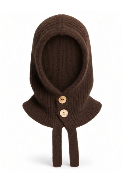 Givoria Women's Brown Balaclava Buttoned Wool Knitted Balaclava Beanie Hooded Neck Collar Women's Hat